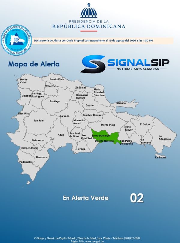 El COE mantiene en alerta verde a una provincia y al Distrito Nacional ante las condiciones meteorológicas pronosticadas por INDOMET