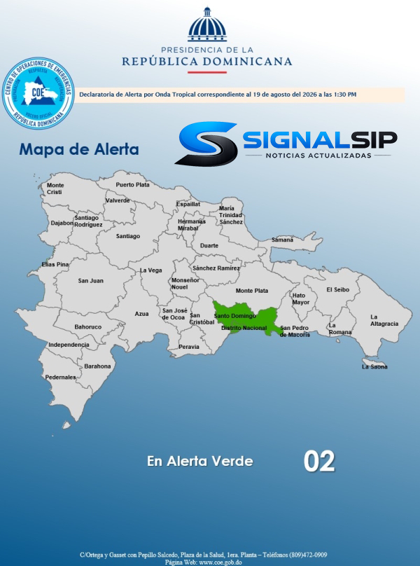 El COE mantiene en alerta verde a una provincia y al Distrito Nacional debido a las condiciones meteorológicas adversas pronosticadas por INDOMET.